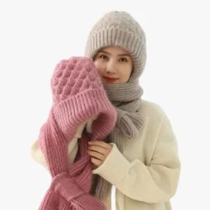 Bonnet Femme Tricoté Avec Écharpe Intégrée
